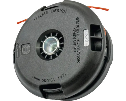 Fadenspule für Rasentrimmer mit italienischem Design und der Aufschrift ''Schutzbrille tragen''