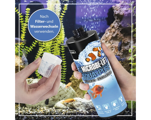 Microbe-Lift Aqua Pure flüssiges Filtermedium wird nach dem Filter- und Wasserwechsel für Meer- und Süßwasser verwendet, baut Schadstoffe ab und sorgt für kristallklares Wasser mit nützlichen Bakterien.