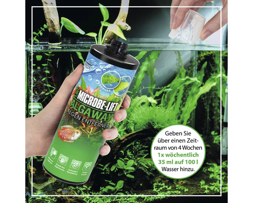 Microbe Lift Algaway Algenentferner Flasche vor Aquarium