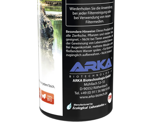 Etikett einer Flasche Teichfilterbakterien der Marke Arka Biotechnologie mit Hinweisen zur Anwendung und Inhaltsstoffen.