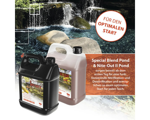 Zwei Behälter Microbe Lift Teichpflegeprodukte vor einem Wasserfall