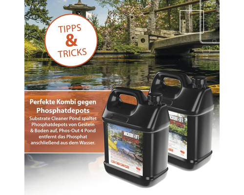 Zwei Behälter Microbe-Lift Substrate Cleaner vor einem Gartenteich.