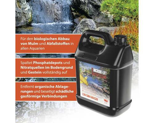 Microbe Lift Substrate Cleaner Flasche vor Teichlandschaft