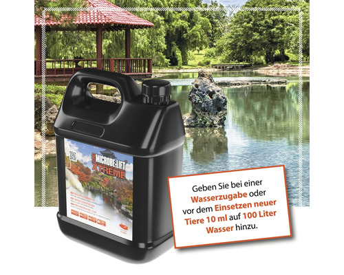Microbe-Lift Xtreme Wasseraufbereiter im Kanister vor Teichkulisse