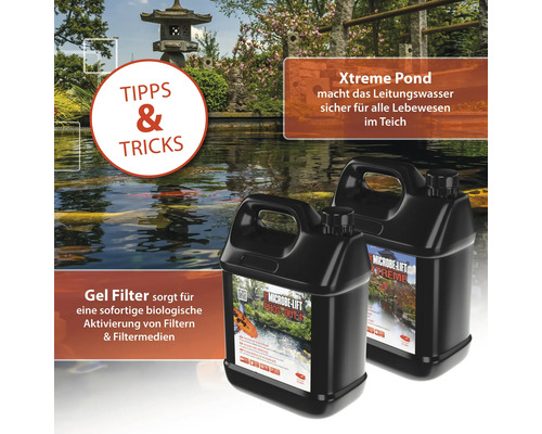 Zwei Behälter Microbe-Lift zur Teichwasseraufbereitung vor einem Gartenteich