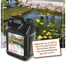 Microbe Lift Phos Out 4 Pond Phosphatentferner Kanister vor Teichkulisse