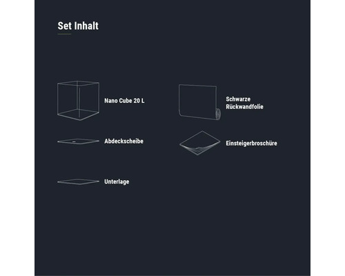 Setinhalt: Nano Cube 20 Liter, Abdeckscheibe, Unterlage, schwarze Rückwandfolie und Einsteigerbroschüre