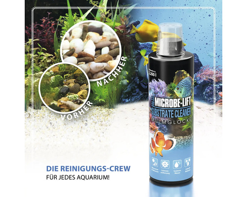 Microbe Lift Substrate Cleaner für Aquarien zeigt Vorher und Nachher der Reinigung.