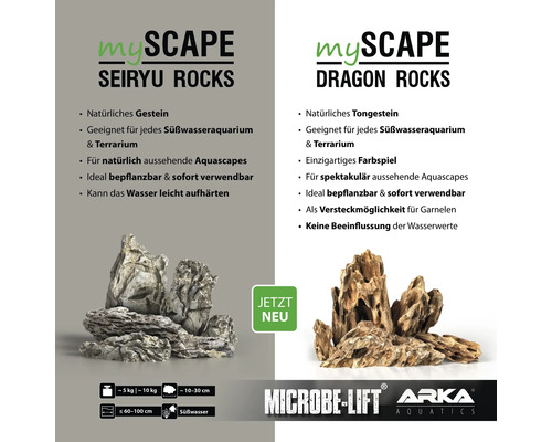 Produktbild von MyScape Seiryu Rocks und Dragon Rocks für Süßwasseraquarien und Terrarien. Microbe-Lift Arka Aquatics Logo.