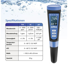 Arka Messgerät mit Spezifikationen für TDS, EC und pH-Wert