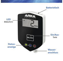 Arka Aquatics Wassertester mit LED Bildschirm, Ein-Aus Taste, Statusanzeige, Batterie und Wasseranschluss