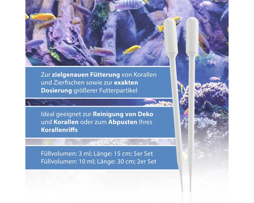 Zwei Dosierpipetten vor einem Aquarium mit Fischen und Korallen