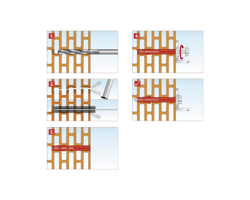 Anleitung zur Dübelmontage in Ziegelwänden mit Bohrer, Bürste und Dübel