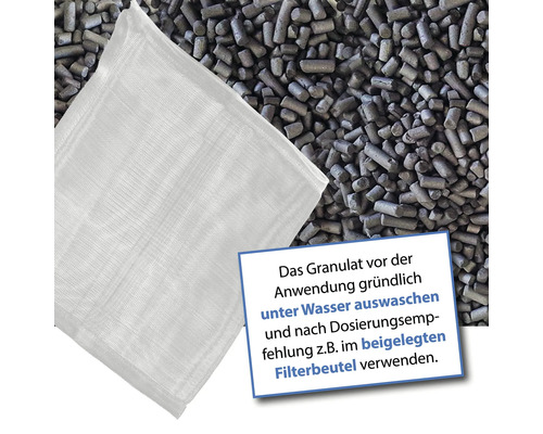 Aktivkohlegranulat mit Filterbeutel und Hinweis zur Anwendung