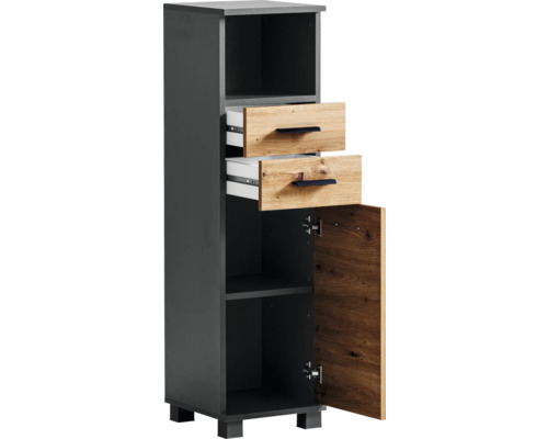 Schmaler Badezimmerschrank mit zwei Schubladen und einer Tür
