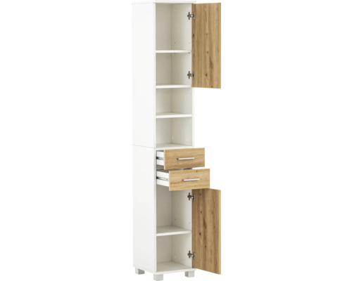 Hoher Badezimmerschrank mit Regalen, Schubladen und Türen