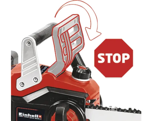Darstellung des Sicherheitssystems einer Kettensäge mit einem Stoppschild