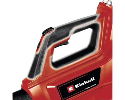 Detailansicht eines Laubbläsers mit Einhell Logo und bürstenloser Technologie