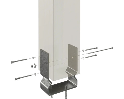 Pfostenträger mit Schrauben zur Befestigung eines Pfostens.