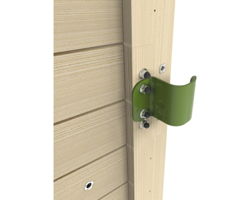 Detailansicht einer Holzkonstruktion mit grüner Halterung