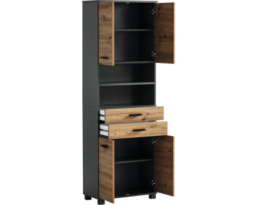 Hohes Sideboard mit Regalen, Schubladen und Türen im Holzdekor