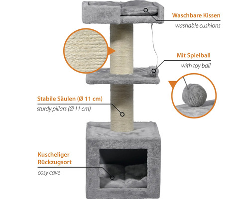 Grauer Katzenkratzbaum mit Liegeflächen, Kratzsäulen und Spielzeugball