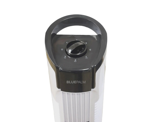Detailaufnahme eines Turmventilators mit Geschwindigkeitsregler und BluePalm Logo