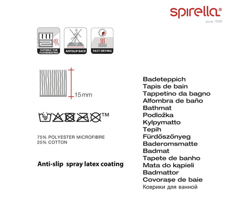 Informationen zu Badteppich-Eigenschaften wie Fußbodenheizungseignung, Antirutschbeschichtung, Schnelltrocknung, Materialzusammensetzung und Pflegehinweise