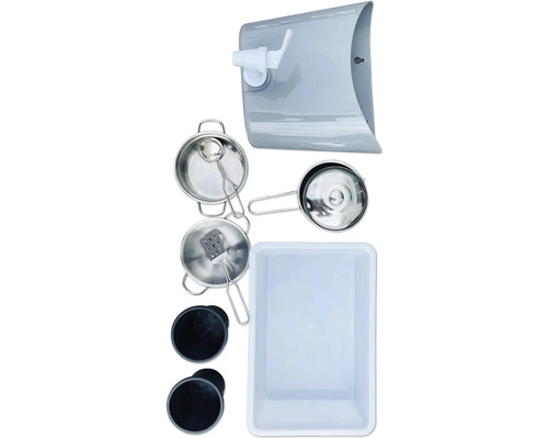 Camping-Geschirrset mit Wasserkanister, Töpfen, Kochlöffel, Schneebesen und Behälter