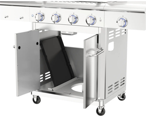 Edelstahl Grill mit geöffneten Türen und Rollen