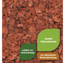 Nahaufnahme von rotbraunem Mulch zur dekorativen Bodenabdeckung, der das Wachstum von Unkraut hemmt und vor Austrocknung schützt.
