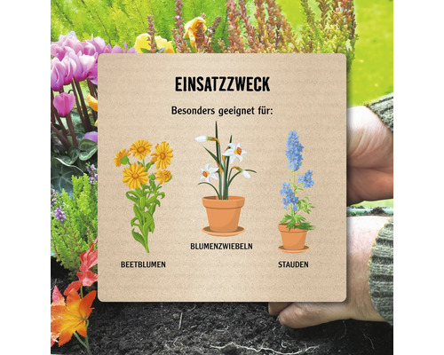 Informationstafel mit dem Titel Einsatzweck, geeignet für Beetblumen, Blumenzwiebeln und Stauden