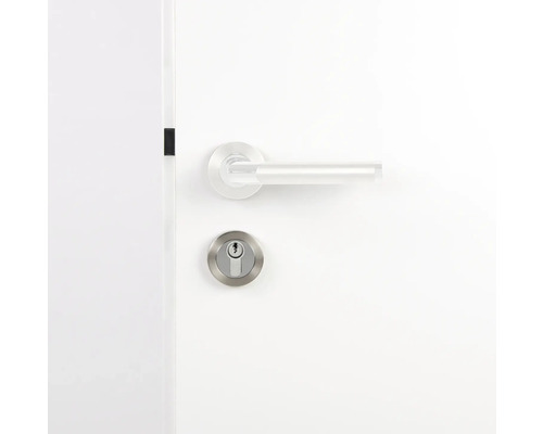 Türbeschlag mit Drückergarnitur und Schlossrosette an einer Tür