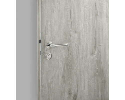 Graue Innentür mit silberner Türklinke und Schloss