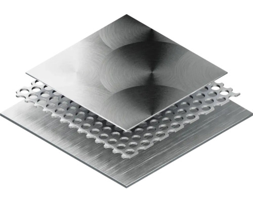 Abbildung von drei übereinander liegenden Metallplatten, darunter eine Lochplatte