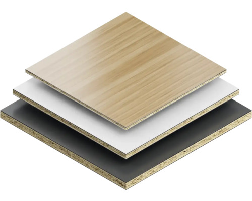 Gestapelte Holzspanplatten in Holzoptik, Weiss und Schwarz