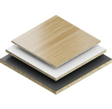 Dekorspanplattenstapel mit Holz-, Weiß- und Schwarztönen