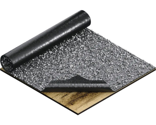 Dachpappe mit Splitt auf Holzuntergrund, teilweise aufgerollt