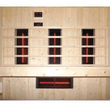 Innenansicht einer Sauna mit Heizkörpern und digitaler Steuerung