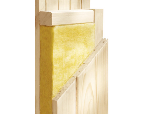 Querschnitt einer Wand mit Wärmedämmung aus Mineralwolle und Holzverkleidung