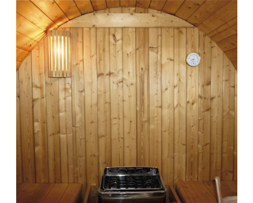 Innenansicht einer Sauna mit Holzverkleidung, Ofen und Lampe