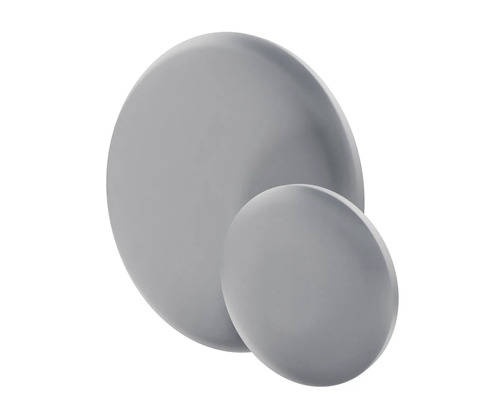 Zwei runde, graue Möbelknöpfe unterschiedlicher Größe