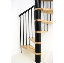 Detailaufnahme einer Wendeltreppe mit Holzstufen und schwarzem Geländer.