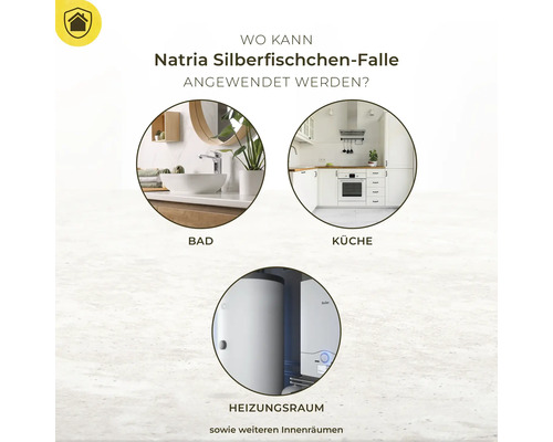 Anwendungsbereiche der Natria Silberfischchen-Falle: Badezimmer, Küche und Heizungsraum