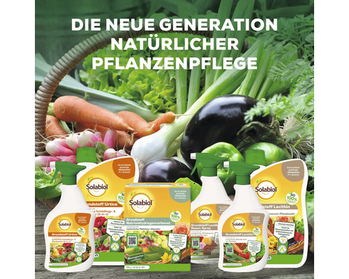 Verschiedene Solabiol Pflanzenschutzprodukte vor einem Korb mit Gemüse.