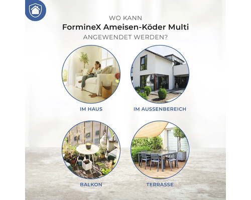 Anwendungsbereiche des Forminex Ameisenköder Multi: im Haus, im Außenbereich, auf dem Balkon und auf der Terrasse