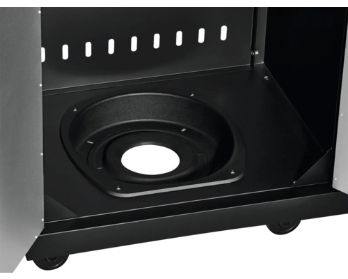 Innenansicht eines schwarzen Pelletgrills mit Rollen