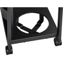 Detailansicht eines Grillwagens mit Rollen und Gasflaschenhalterung.