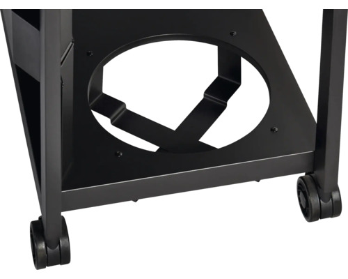 Detailansicht eines Grillwagens mit Rollen und Gasflaschenhalterung.