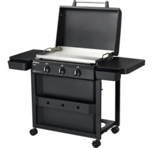 Schwarzer Gasgrill mit drei Brennern, Ablageflächen und Rollen für den einfachen Transport.
